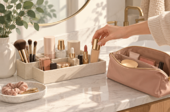 Ilustración de un neceser ordenado con productos de belleza seleccionados