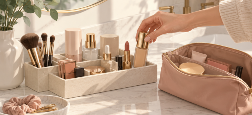 Ilustración de un neceser ordenado con productos de belleza seleccionados